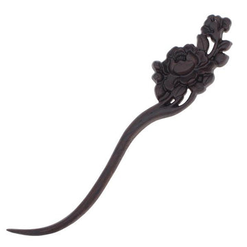 CrystalMood Carved Ebony Wood Flat-Back Peony Flowers Hair Stick
